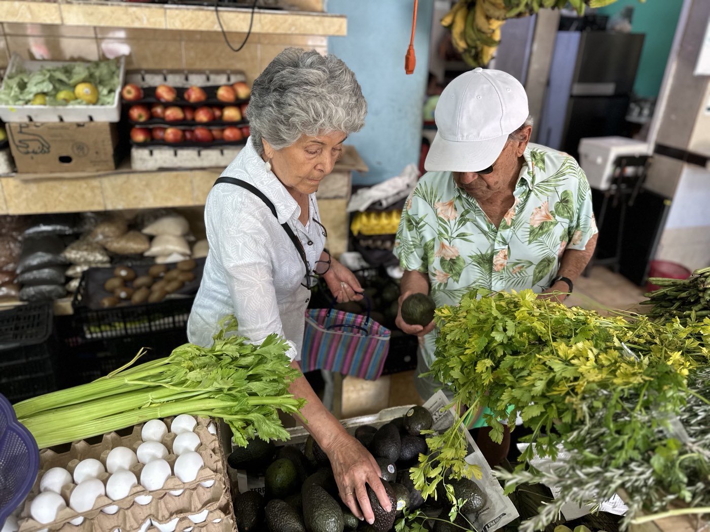 An older couple choosing avocados at the Cozumel market